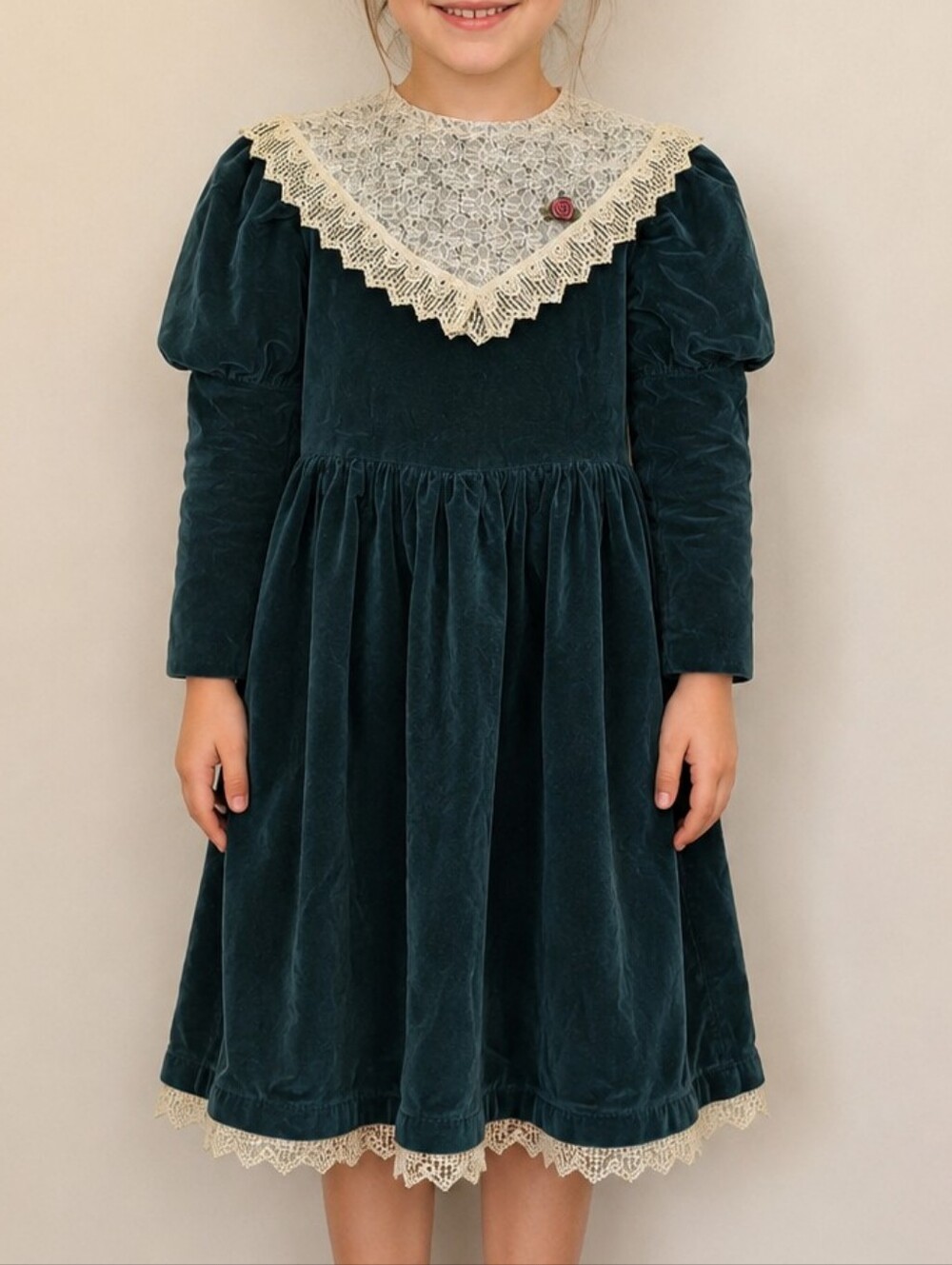 Vintage Little Princess Girls Size 8 Teal Velvet Lace Collar Dress Made Canada